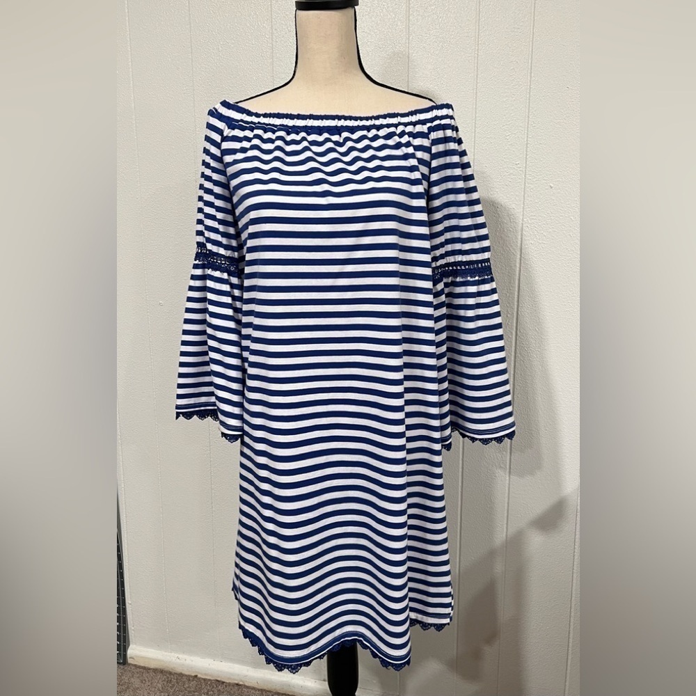 Nordstrom After Market off shoulder stripped mini dress with lace details
